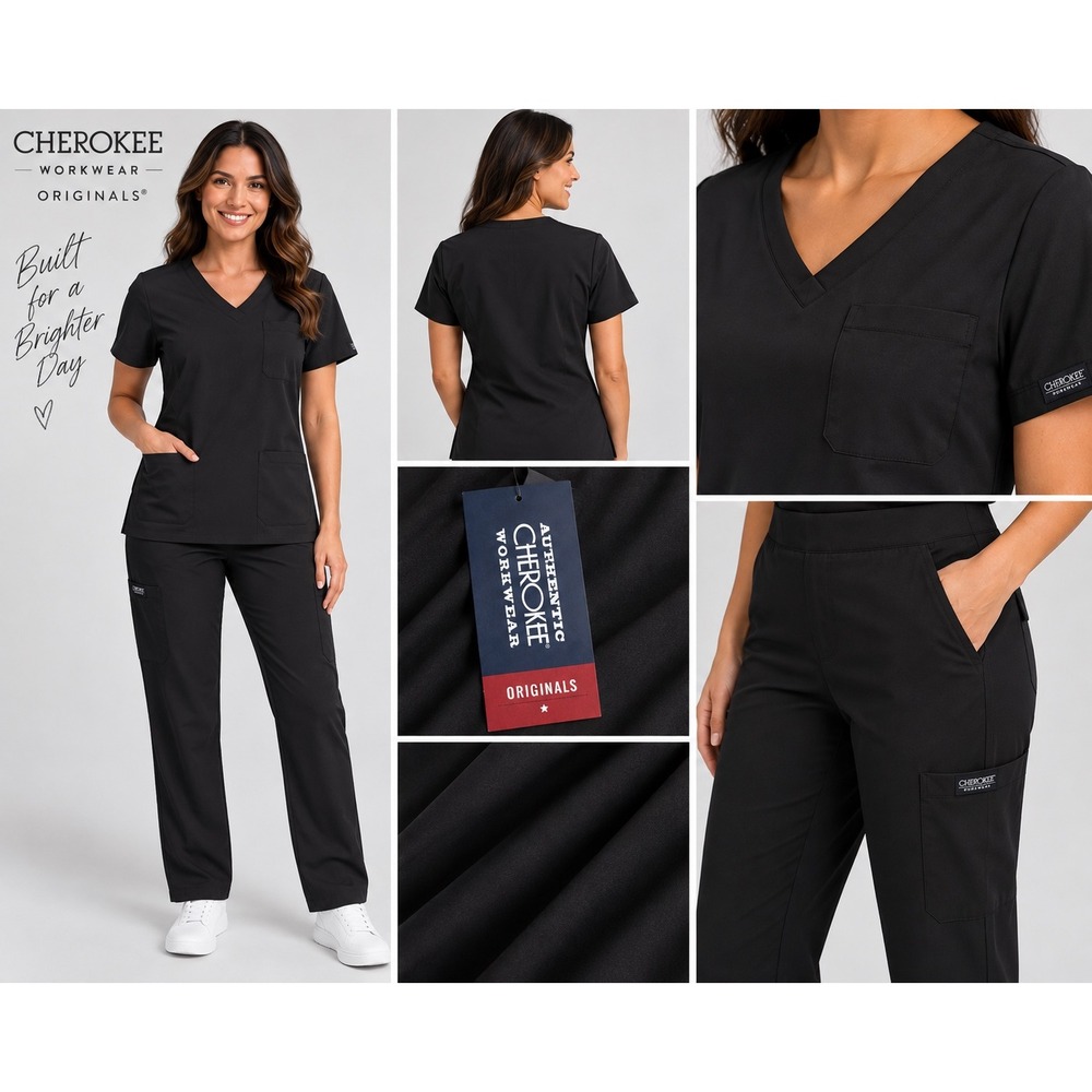 Cherokee Workwear Originals Scrub Set 2pc V-Neck Top Cargo Pants Black XXS